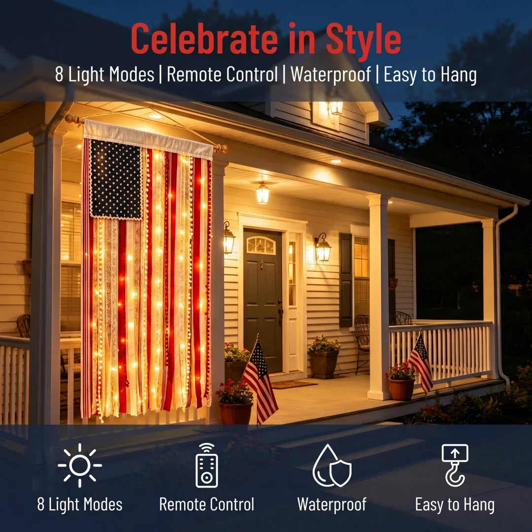50% OFF🔥4 x 2.3 Ft Lighted Rag American Flag Banner - 🎆 USA 250th Celebration