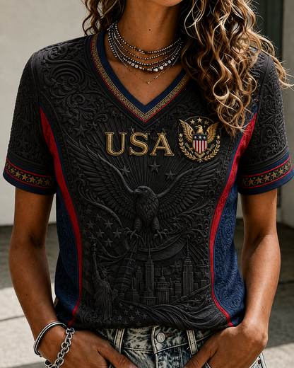 Women’s USA Patriotic V-Neck T-Shirt - American Eagle & Liberty Statue Graphic Shirt