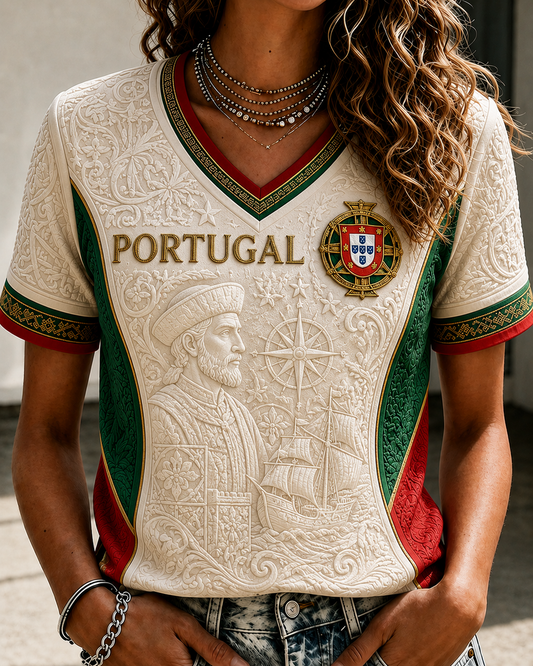 Women's Portugal Heritage Art V-Neck Shirt - Portuguese Pride Floral Embossed Style Top