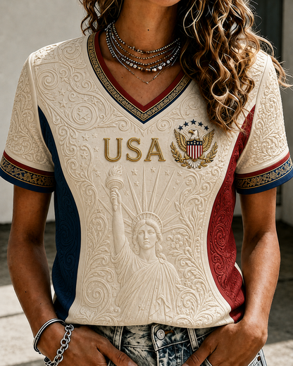 Women’s USA Patriotic V-Neck T-Shirt - American Eagle & Liberty Statue Graphic Shirt