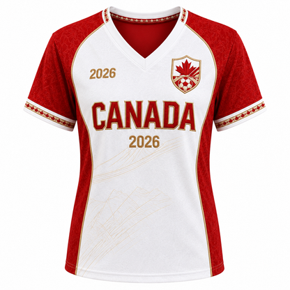 Women's Canada 2026 Soccer Fan Shirt - Maple Leaf V-Neck Game Day Casual Tee