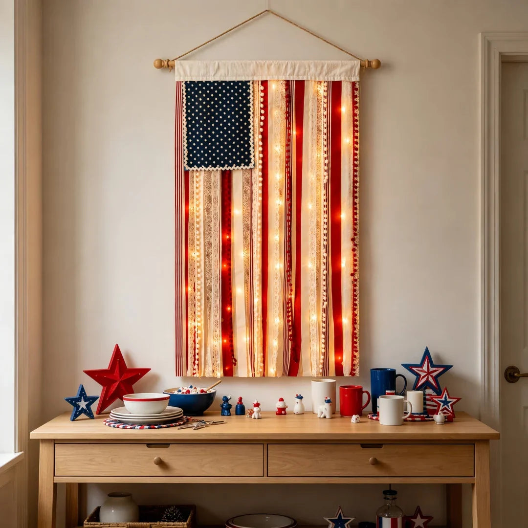 50% OFF🔥4 x 2.3 Ft Lighted Rag American Flag Banner - 🎆 USA 250th Celebration