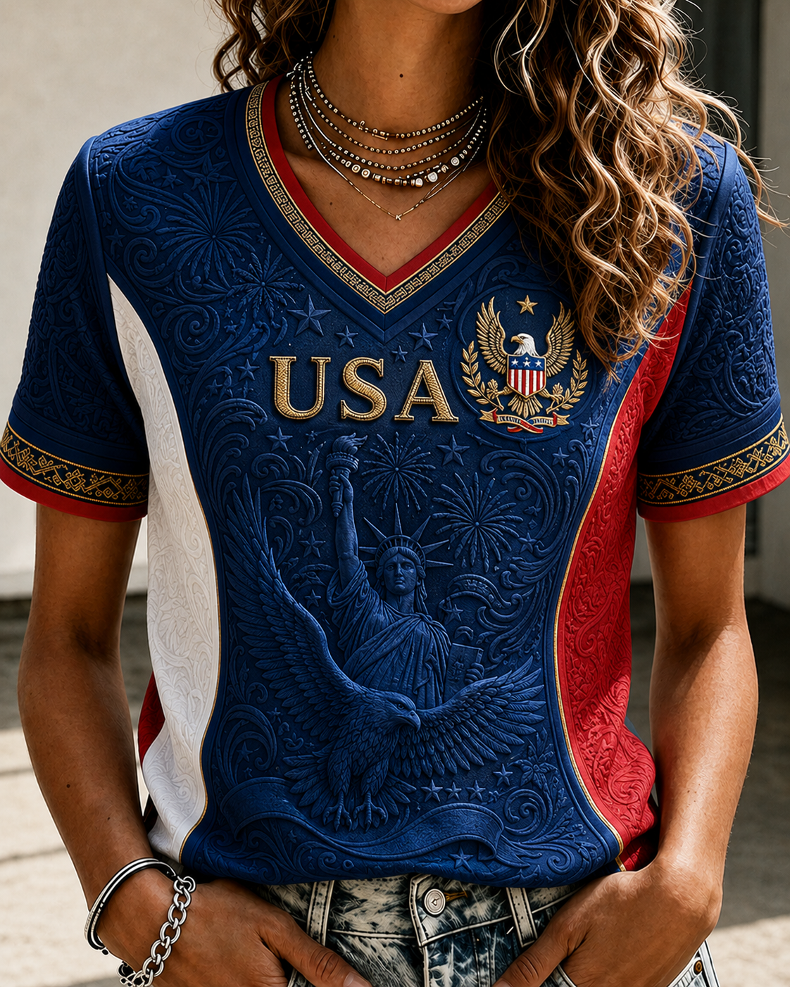 Women’s USA Patriotic V-Neck T-Shirt - American Eagle & Liberty Statue Graphic Shirt