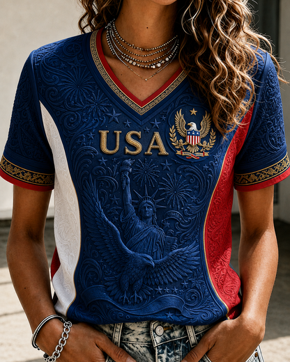 Women’s USA Patriotic V-Neck T-Shirt - American Eagle & Liberty Statue Graphic Shirt