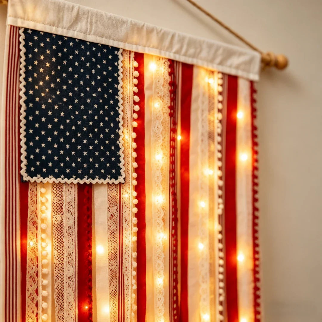 50% OFF🔥4 x 2.3 Ft Lighted Rag American Flag Banner - 🎆 USA 250th Celebration