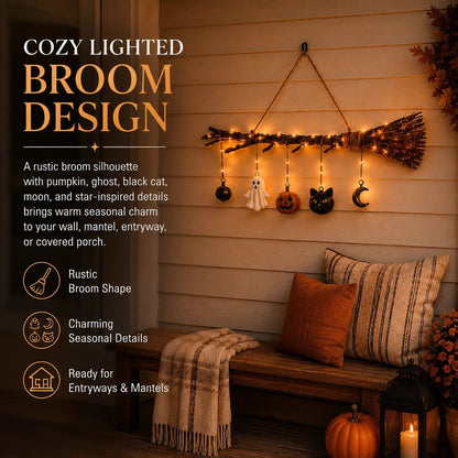 🔥 Limited-Time 50% OFF + Free Shipping 🍂 Lighted Fall Broom Wall Hanging – Cozy Halloween & Autumn Decor