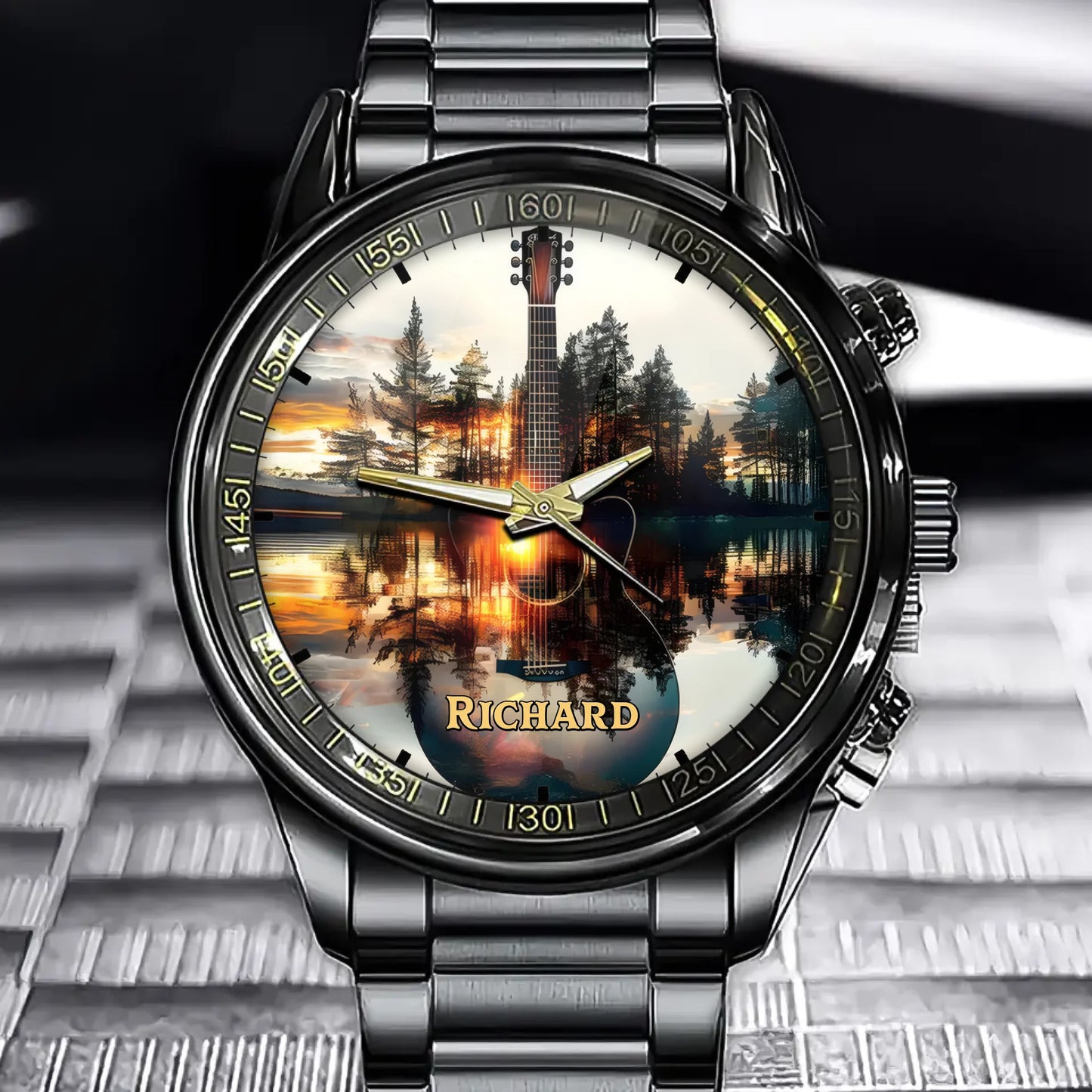 Personalized Sunset Reflection Guitar Watch - Add Your Name for a Timeless Design