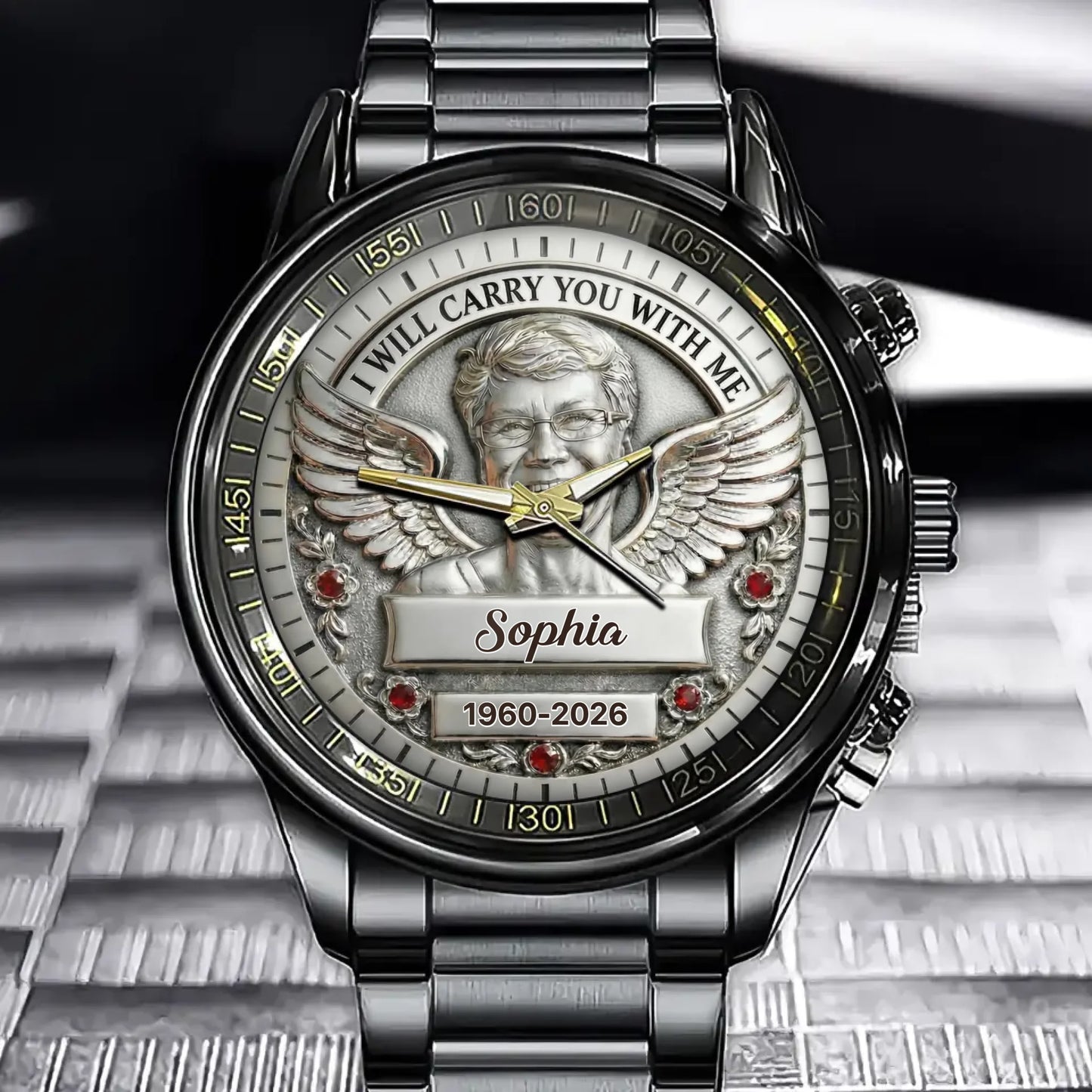 Personalized Memorial Photo Watch - Custom Metal Portrait & Angel Wings - "I Will Carry You With Me" Tribute Gift