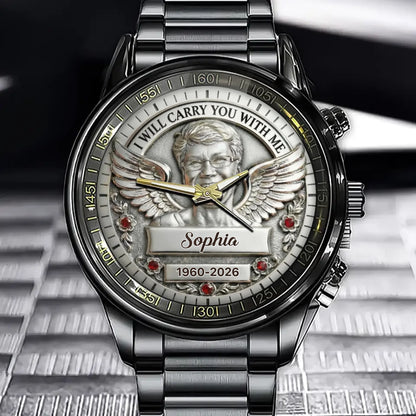 Personalized Memorial Photo Watch - Custom Metal Portrait & Angel Wings - "I Will Carry You With Me" Tribute Gift