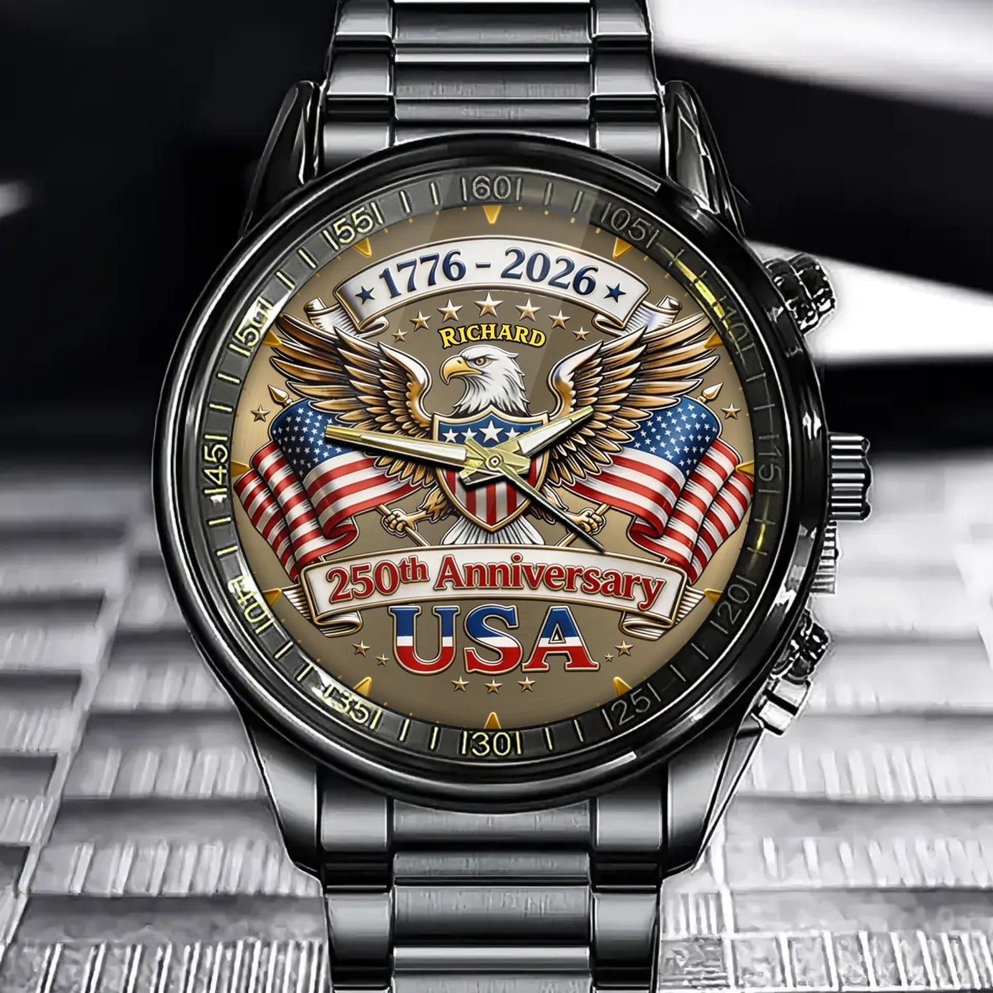 Personalized Patriotic 250 Anniversary Style Watch - Custom Name Eagle & Flags Crest