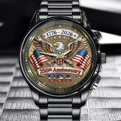 Personalized Patriotic 250 Anniversary Style Watch - Custom Name Eagle & Flags Crest