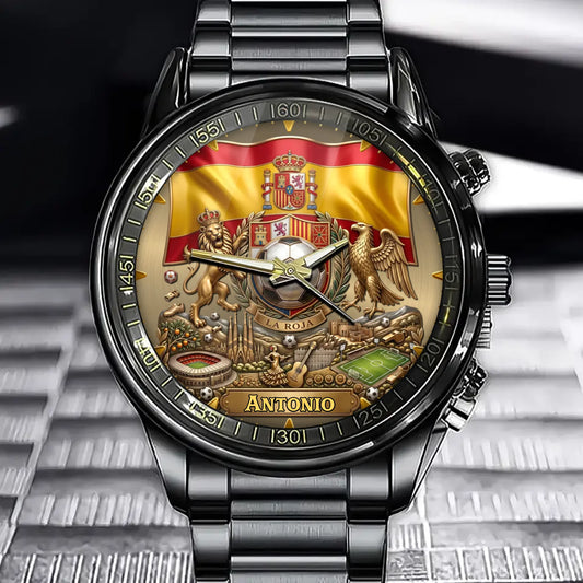 Personalized Spain Football Watch – Custom Name | La Roja Royal Crest Design | Spanish Fan Gift