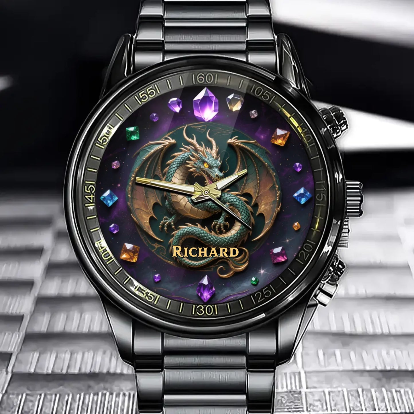Personalized Dragon Gemstone Watch – Custom Name Gift for Dragon Lovers