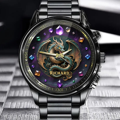 Personalized Dragon Gemstone Watch – Custom Name Gift for Dragon Lovers