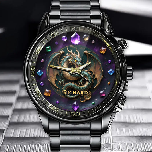 Personalized Dragon Gemstone Watch – Custom Name Gift for Dragon Lovers