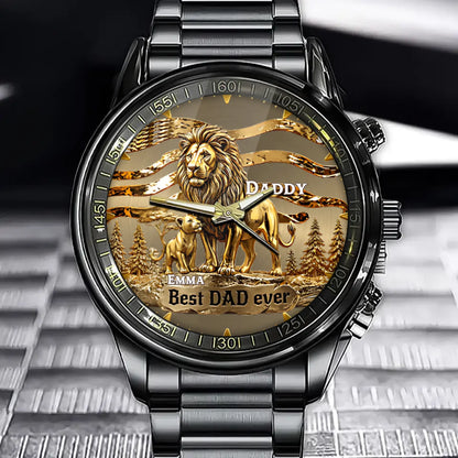 Personalized Best Dad Ever Watch – Custom Name Lion Design Gift for Dad