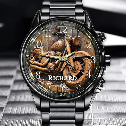 Rustic Wheels - Personalized Woodgrain Motorcycle Watch with Custom Name
