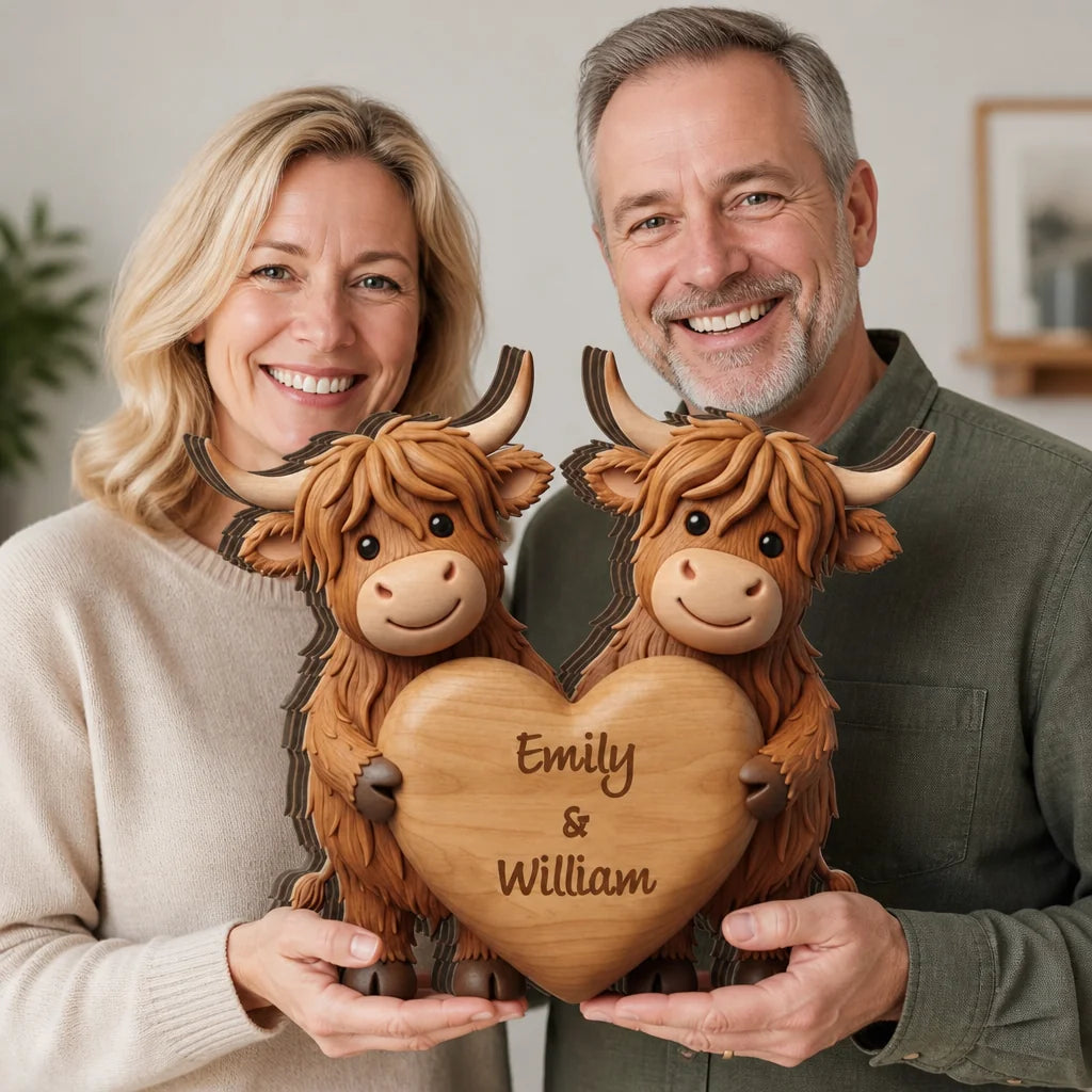 Custom Wooden Plaque - Personalized Highland Cow Couple Heart Sign - Unique Anniversary Valentine's Day Gift For Her Him - Love You Always