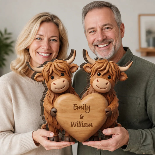 Custom Wooden Plaque - Personalized Highland Cow Couple Heart Sign - Unique Anniversary Valentine's Day Gift For Her Him - Love You Always