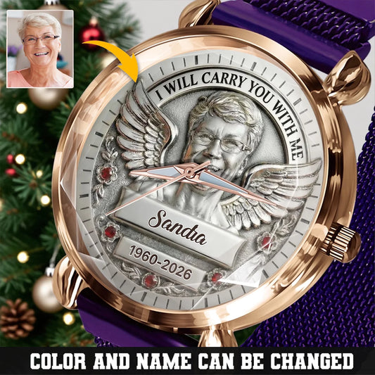 Personalized Memorial Photo Watch - Custom Metal Portrait & Angel Wings - "I Will Carry You With Me" Tribute Gift