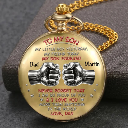 Custom Pocket Watch - Personalized Name Engraved Father Son Fist Bump Gifts - Never Forget I Am So Proud Of You Love Dad