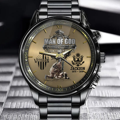 Man Of God Veteran Dad Papa - Personalized Watch For Father Veteran or Grandpa