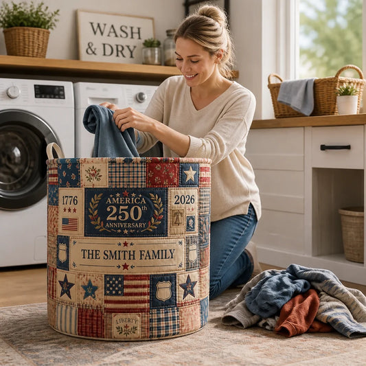 Custom Heritage Patchwork Laundry Basket - Personalized America 250th Anniversary 1776-2026 Patriotic Storage Basket For Home Decor