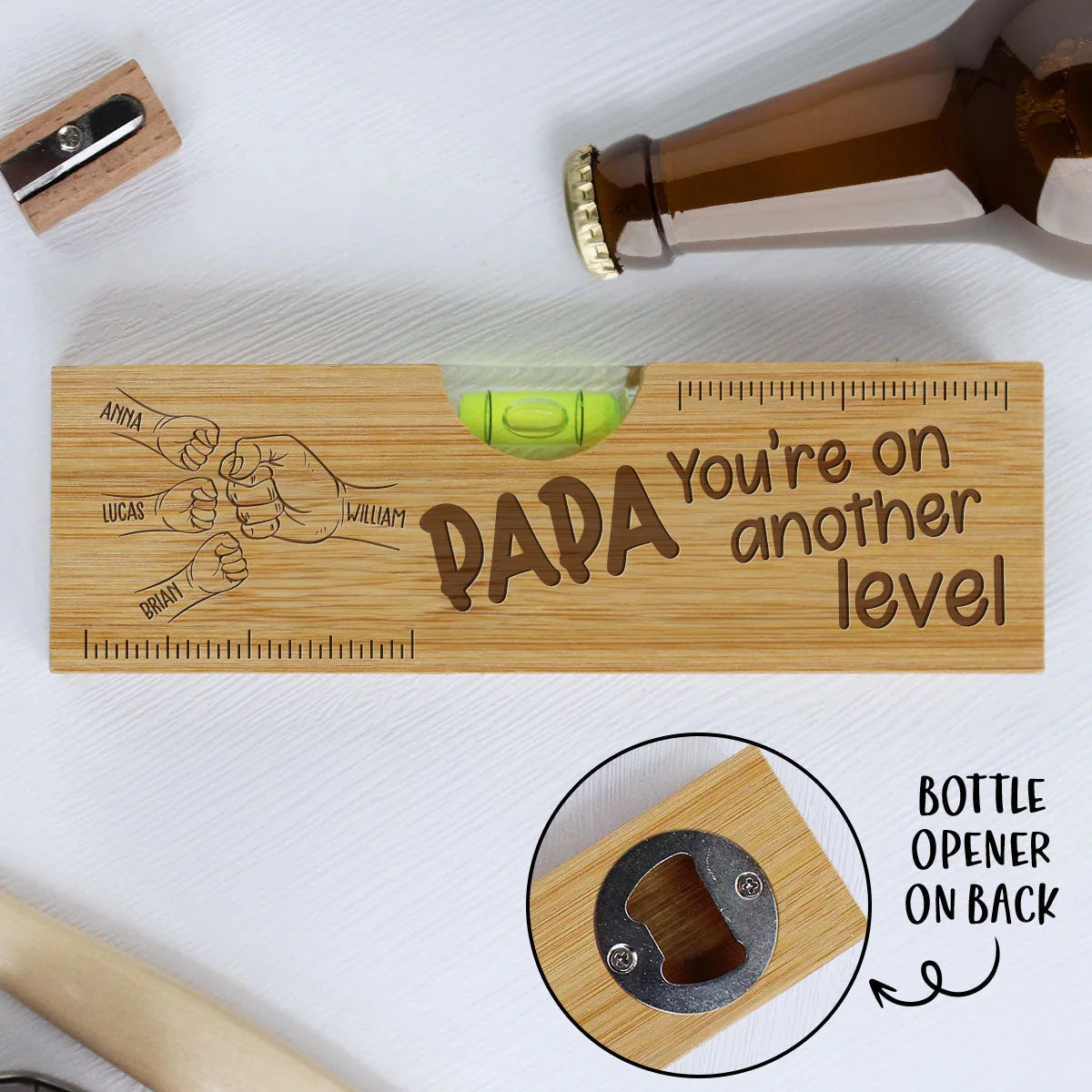 Custom Wooden Level - Personalized Dad Fist Bump Spirit Level Bottle Opener For Father's Day Birthday Gifts