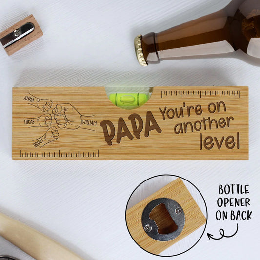 Custom Wooden Level - Personalized Dad Fist Bump Spirit Level Bottle Opener For Father's Day Birthday Gifts