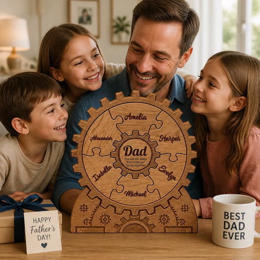 Custom Wooden Art Puzzle - Personalized Wooden Gear Puzzle For Dad, Family Keepsake Gift