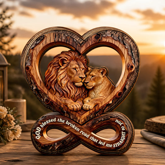 Custom Wooden Plaque - Personalized Lion Couple Anniversary Gifts For Husband, Wife - God Blessed The Broken Road That Led Me Straight To You