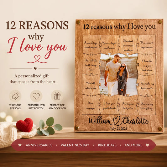 Custom puzzle photo frame-Personalized 12 Reasons Why I Love You Anniversary Gift For Couple