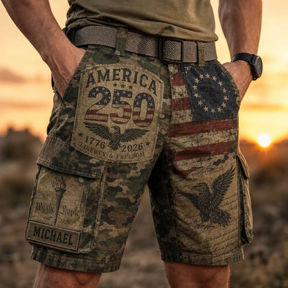 Custom Patriotic Cargo Shorts - Personalized America 250th Anniversary Shorts For Men - Without Belt