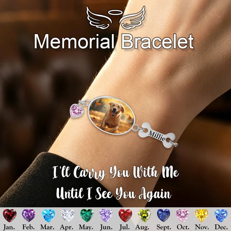 Custom Pet Photo Bracelet - Personalized Dog Memorial Bracelet With Name And HeartBirthstone