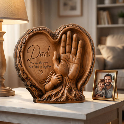 Custom Wooden Heart Plaque - Personalized Dad & Kids Hands Carved Gift For Father's Day - You Are The Piece That Holds Us Together