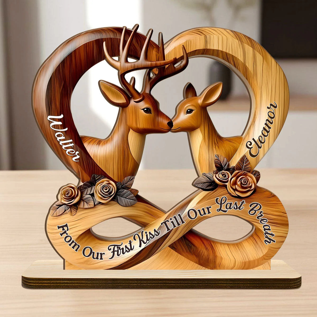 Custom Wooden Deer Couple Plaque - Personalized Names Anniversary Gift - From Our First Kiss Till Our Last Breath