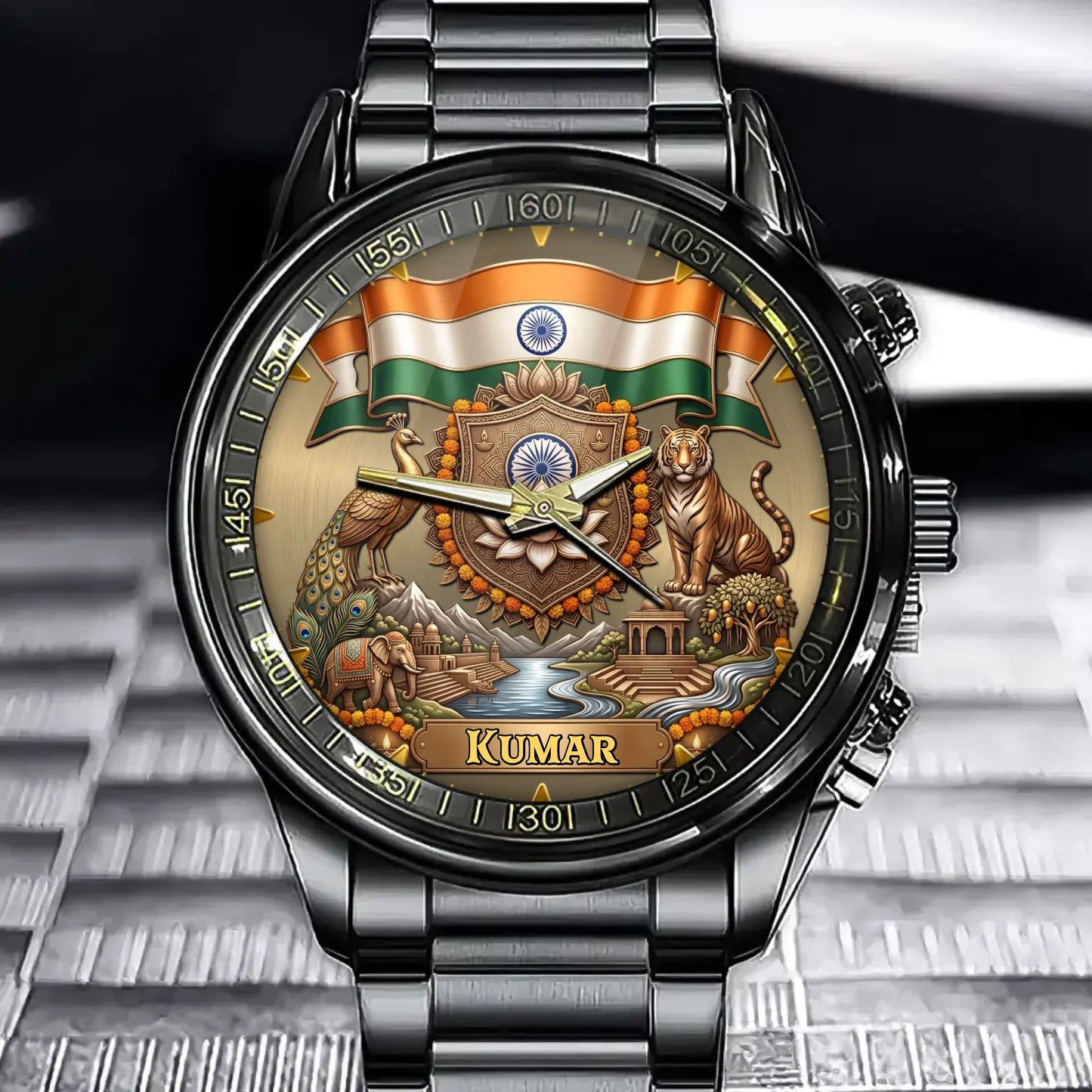 Personalized India Heritage Watch – Custom Name Watch With Lotus & Peacock