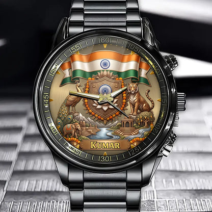 Personalized India Heritage Watch – Custom Name Watch With Lotus & Peacock