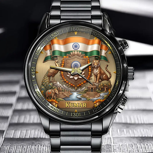 Personalized India Heritage Watch – Custom Name Watch With Lotus & Peacock