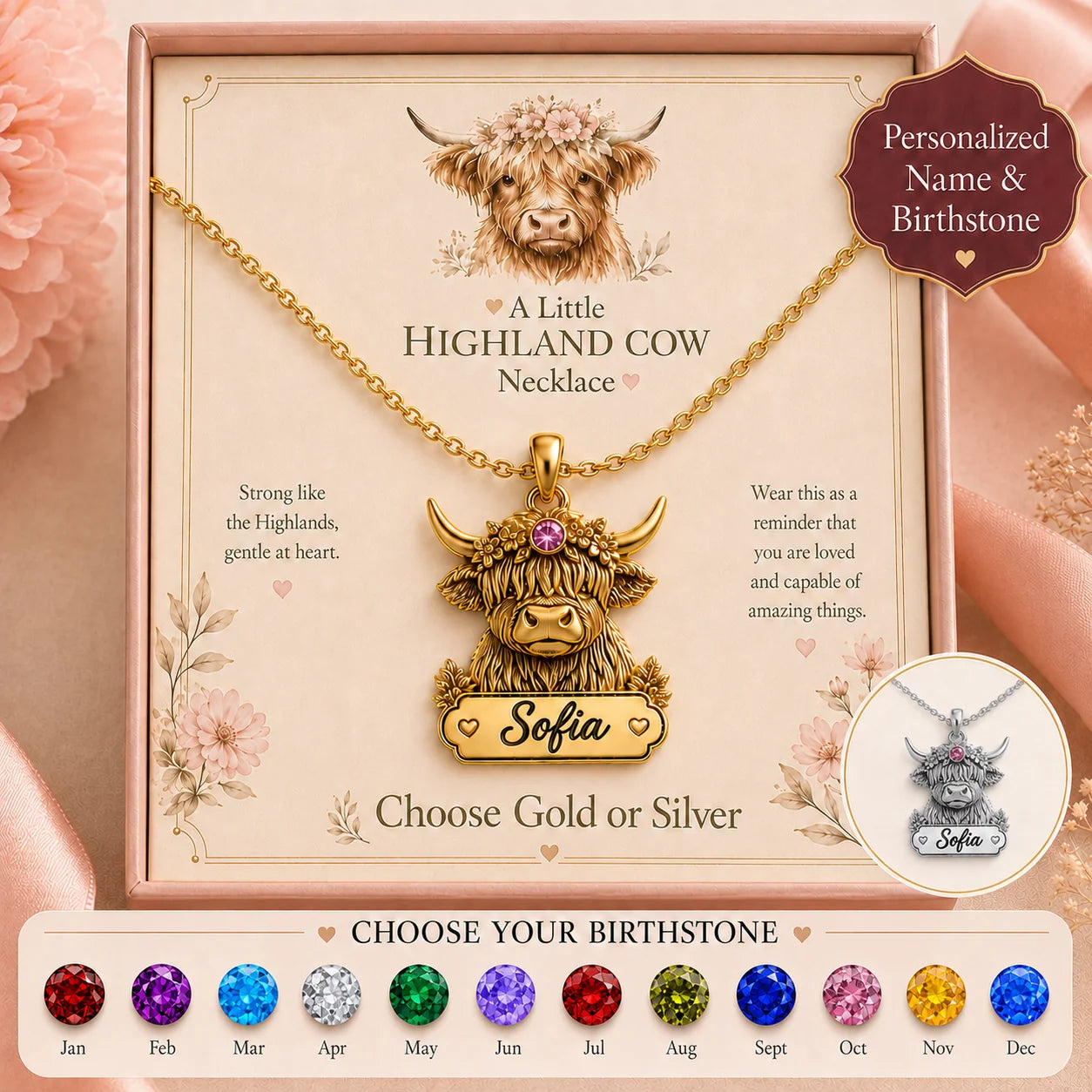 Custom Metal Pendant Necklace - Personalized Highland Cow Name Birthstone Gifts For Mom, Grandma, Daughter - A Little Highland Cow Necklace