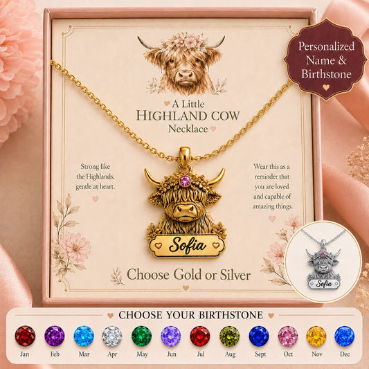Custom Metal Pendant Necklace - Personalized Highland Cow Name Birthstone Gifts For Mom, Grandma, Daughter - A Little Highland Cow Necklace