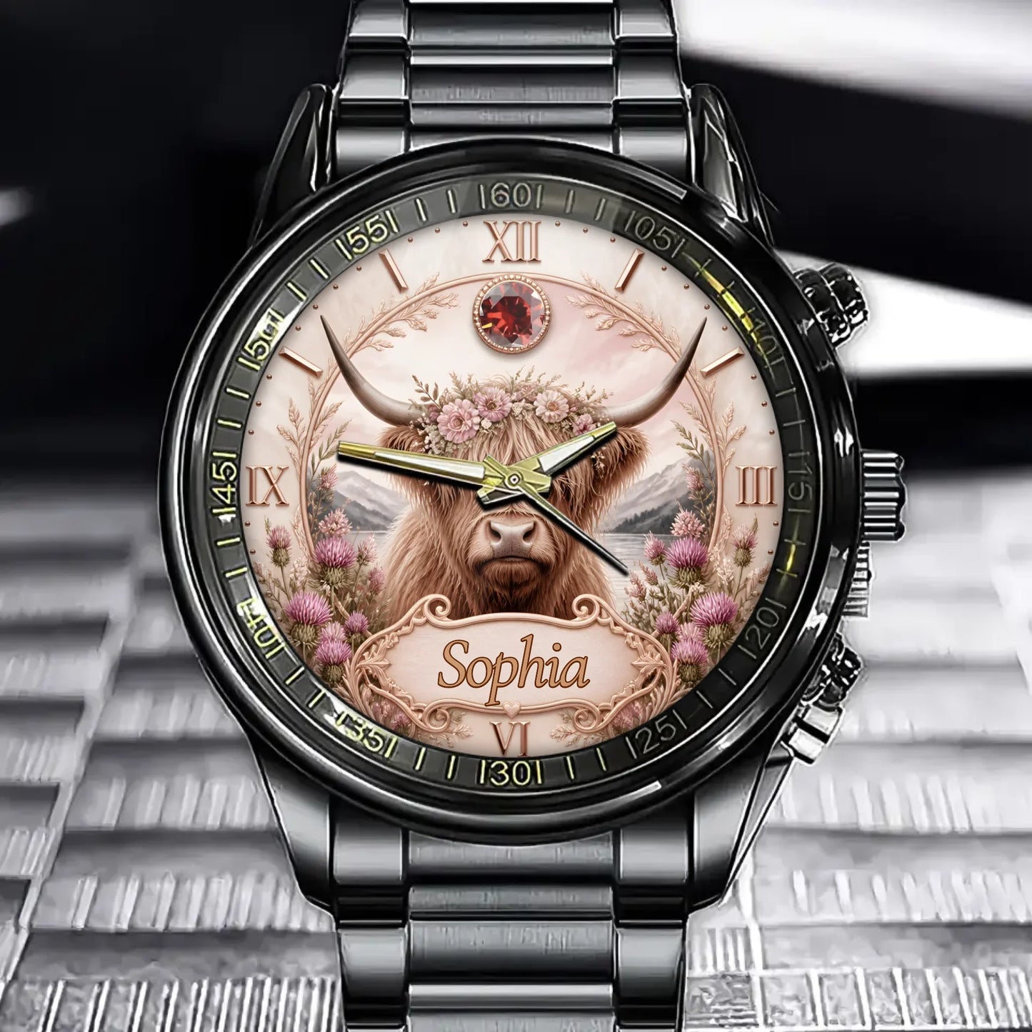 Personalized Highland Cow Watch - Custom Name & Birthstone Western Gift for Women