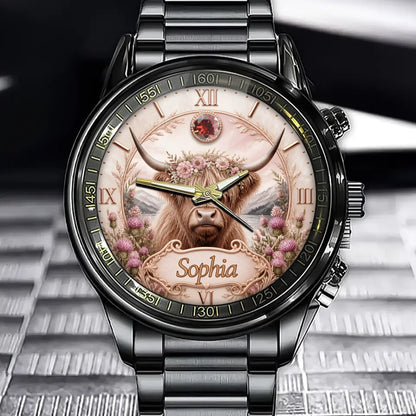 Personalized Highland Cow Watch - Custom Name & Birthstone Western Gift for Women