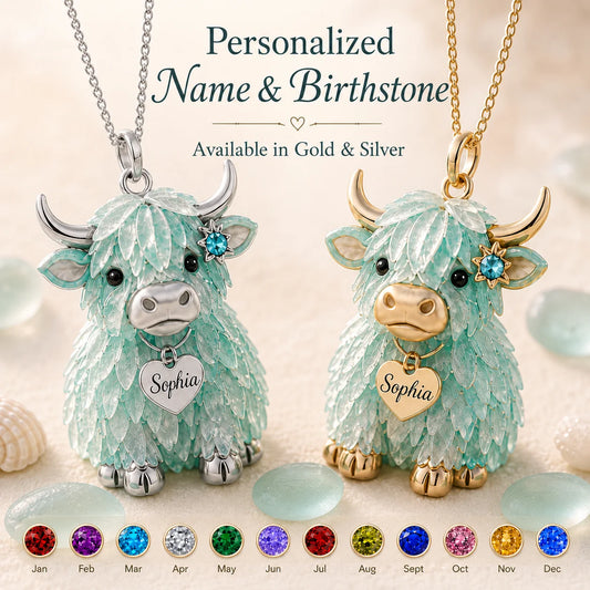 Custom Metal Pendant Necklace - Personalized Highland Cow Sea Glass Birthstone Gifts For Her - You Are Enough