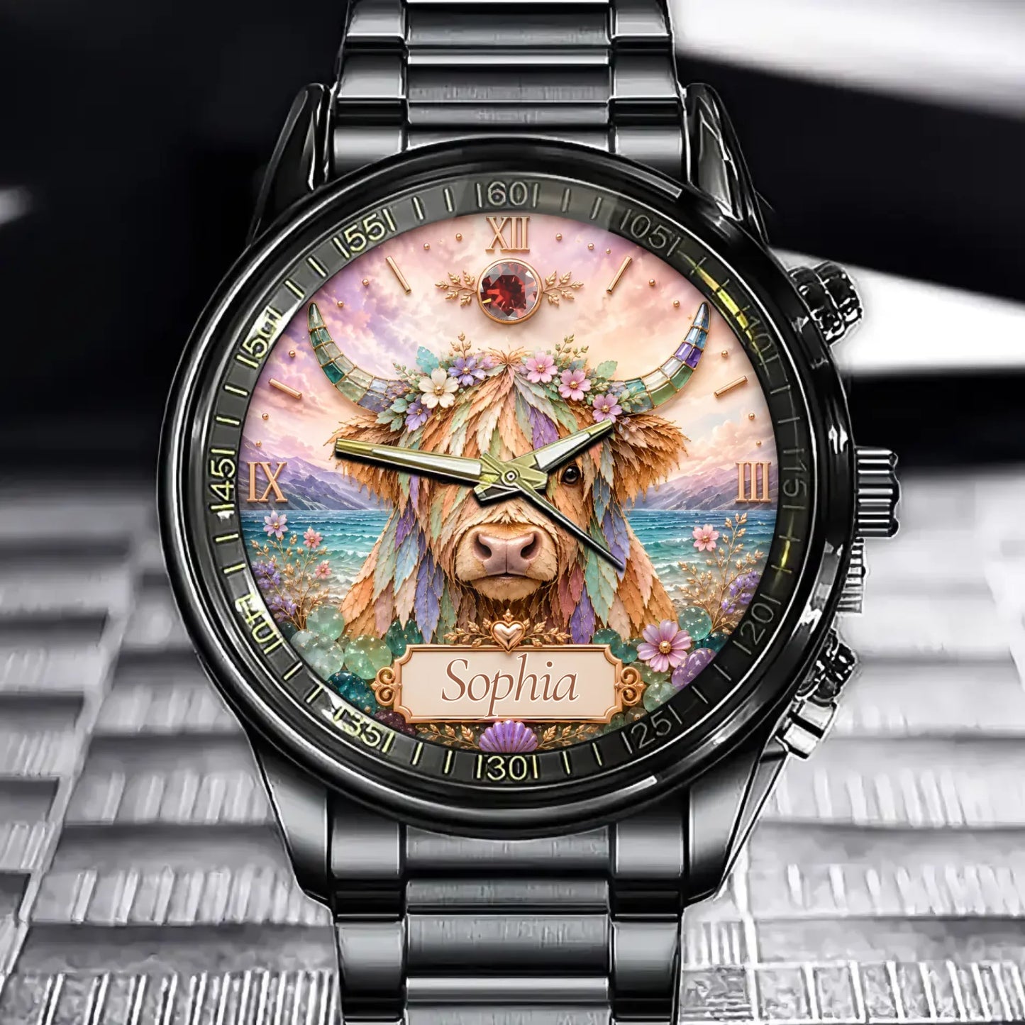Custom Highland Cow Sea Glass Watch - Personalized Name & Birthstone Gifts For Women - A Little Highland Cow For You