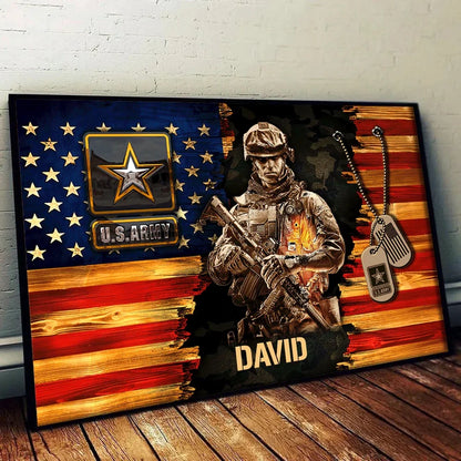 Soldier American Rustic Flag Custom Military Branch - Personalized Poster/Canvas - Gift for Veteran Dad, Grandpa, Retired Soldier, Patriotic Men