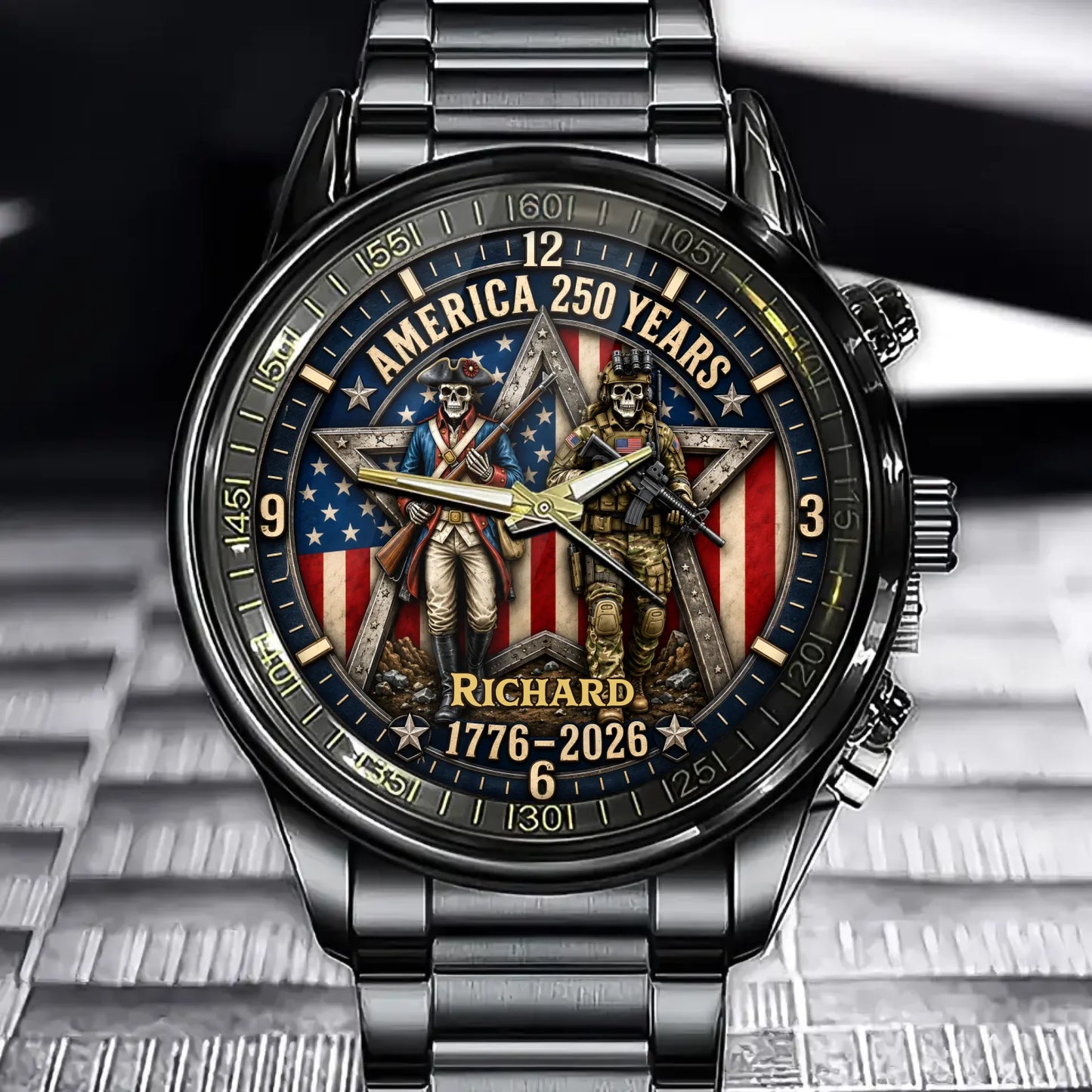 Personalized America 250th Anniversary Watch – Custom Name Veteran Tribute Gift for Him