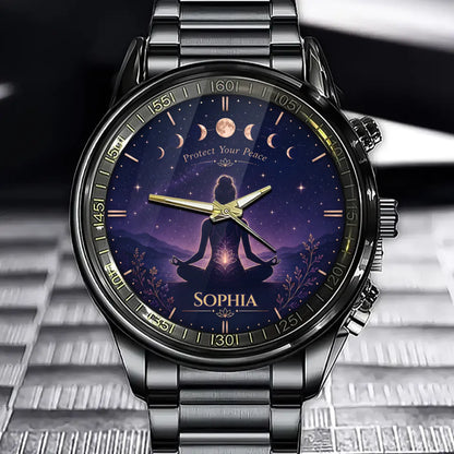 Custom Meditation Watch – Personalized Name Mindfulness Gift for Her – Protect Your Peace