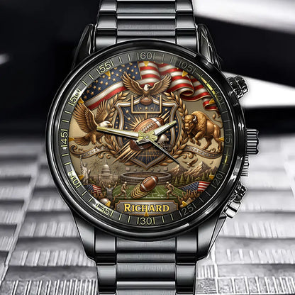 Custom American Football Watch – Personalized Name Patriotic Gift for Football Fans, Dad & Grandpa