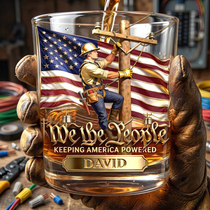 Custom Keeping America Powered Whiskey Glass And Bottle - Personalized Name Gift For Lineman